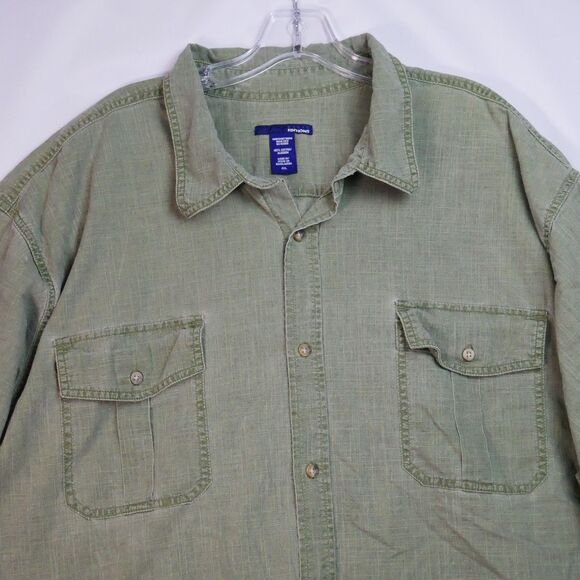 Basic Editions Mens Size 4XL Cotton Button Down Green Olive Short Sleeve - Picture 2 of 12
